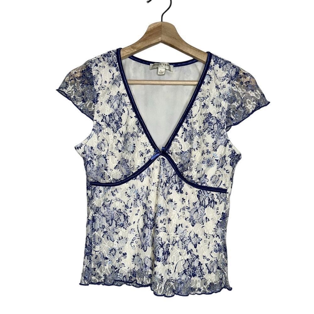 Thirty Thirty LA Blue & White Lace Floral Top Large Romantic Cottagecore